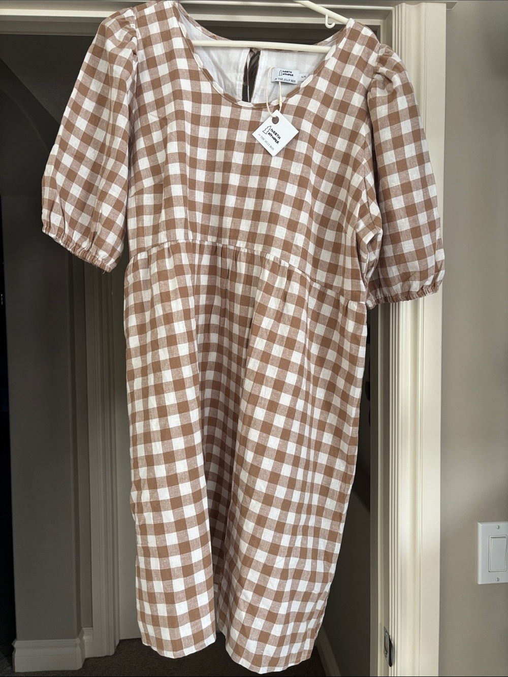 The Jilly Box North Kinder neutral Brown Gingham Women’s Dress with Puff Sleeves